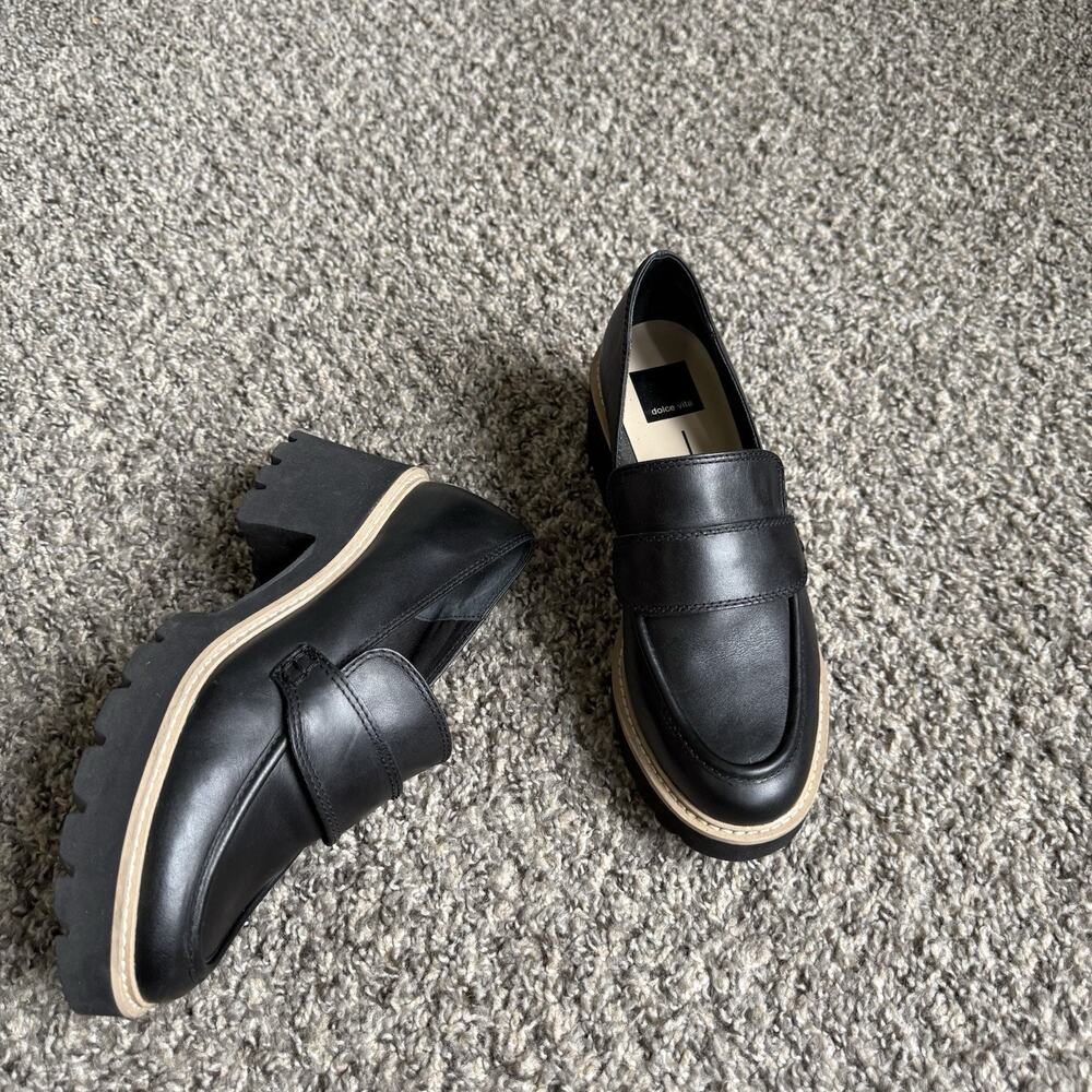Dolce Vita Womens Black Leather Loafer Pumps Size 8 Block Heel Lug Sole Chunky